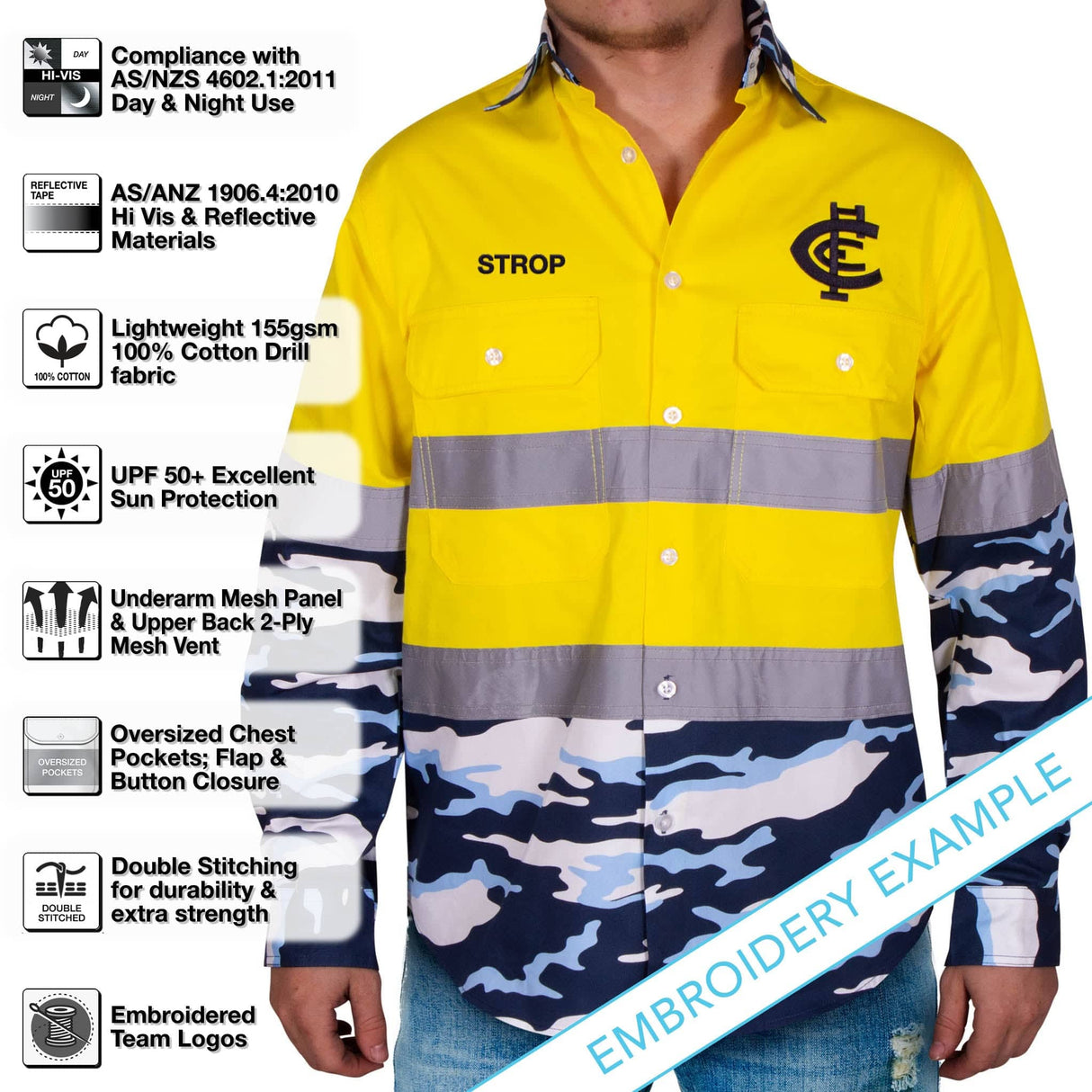 AFL Carlton 'Camo' Hi-Vis Work Shirt - Ashtabula