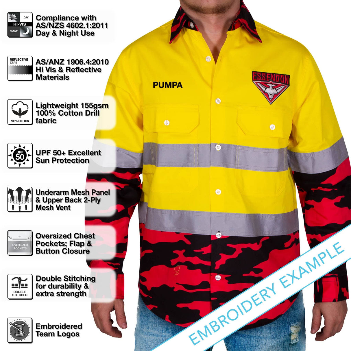 AFL Essendon Bombers 'Camo' Hi-Vis Work Shirt - Ashtabula