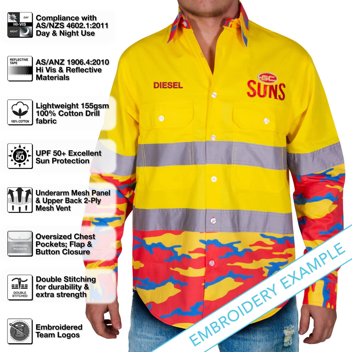 AFL Gold Coast Suns 'Camo' Hi-Vis Work Shirt - Ashtabula