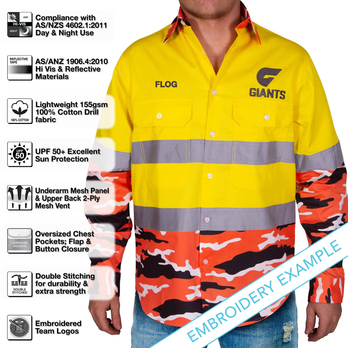 AFL GWS Giants 'Camo' Hi-Vis Work Shirt - Ashtabula
