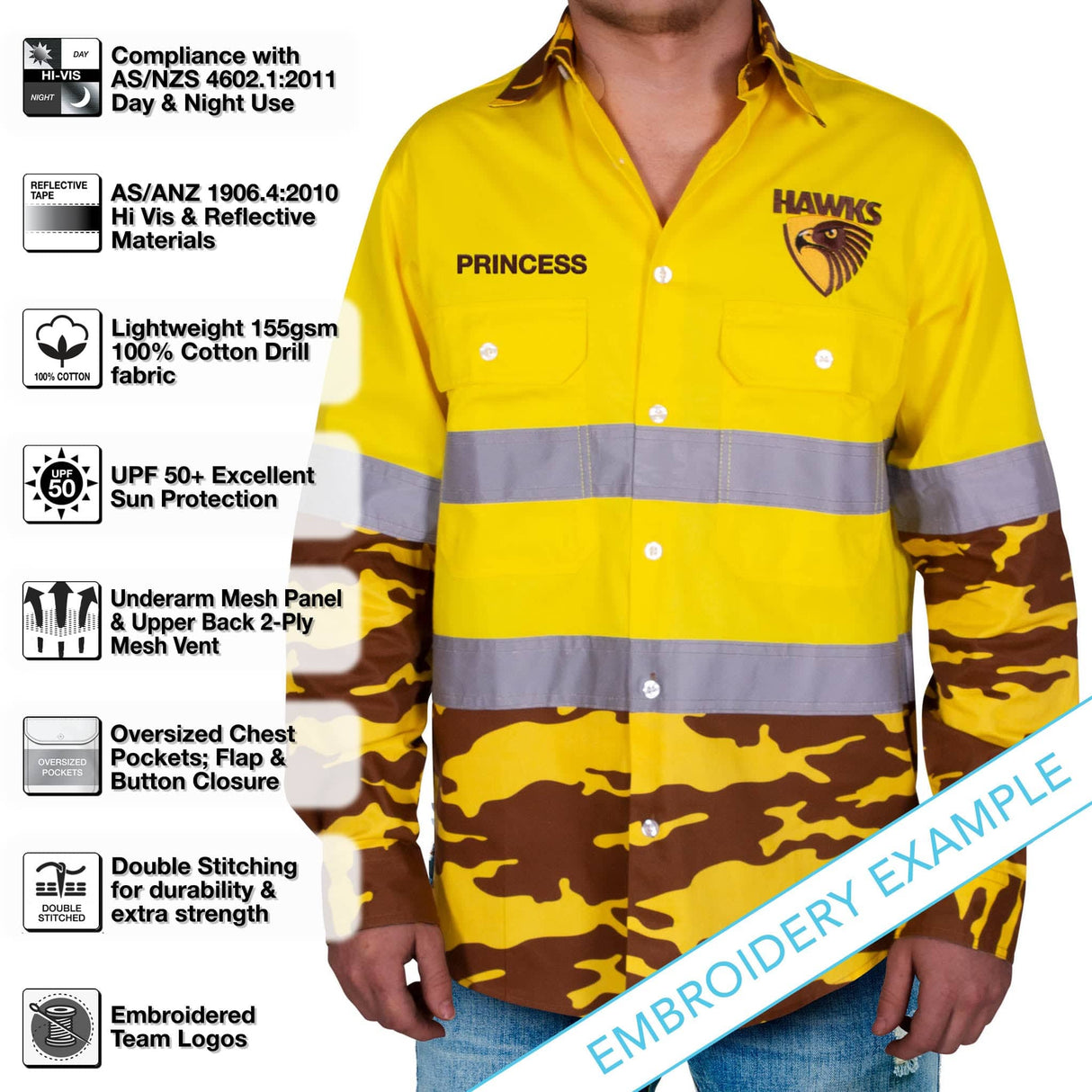 AFL Hawthorn 'Camo' Hi-Vis Work Shirt - Ashtabula