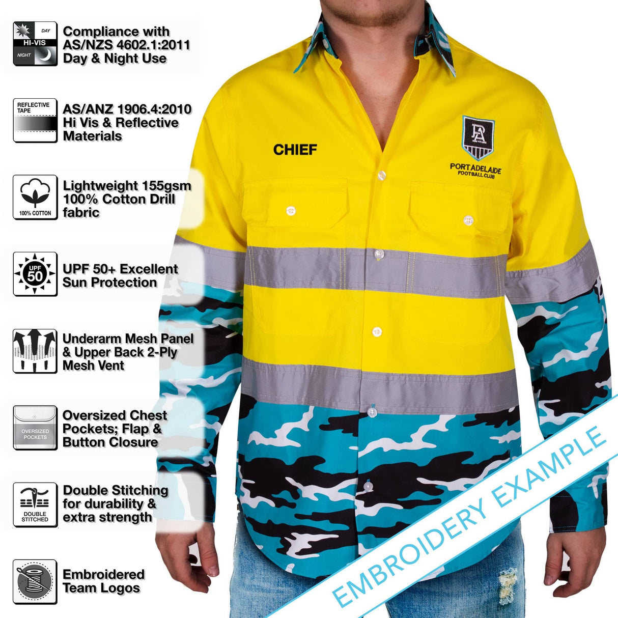AFL Port Adelaide 'Camo' Hi-Vis Work Shirt - Ashtabula