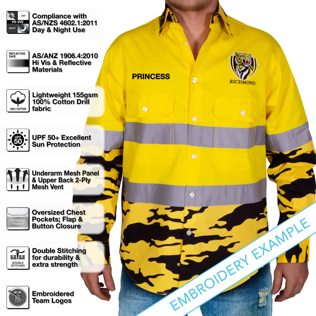AFL Richmond Tigers 'Camo' Hi-Vis Work Shirt - Ashtabula