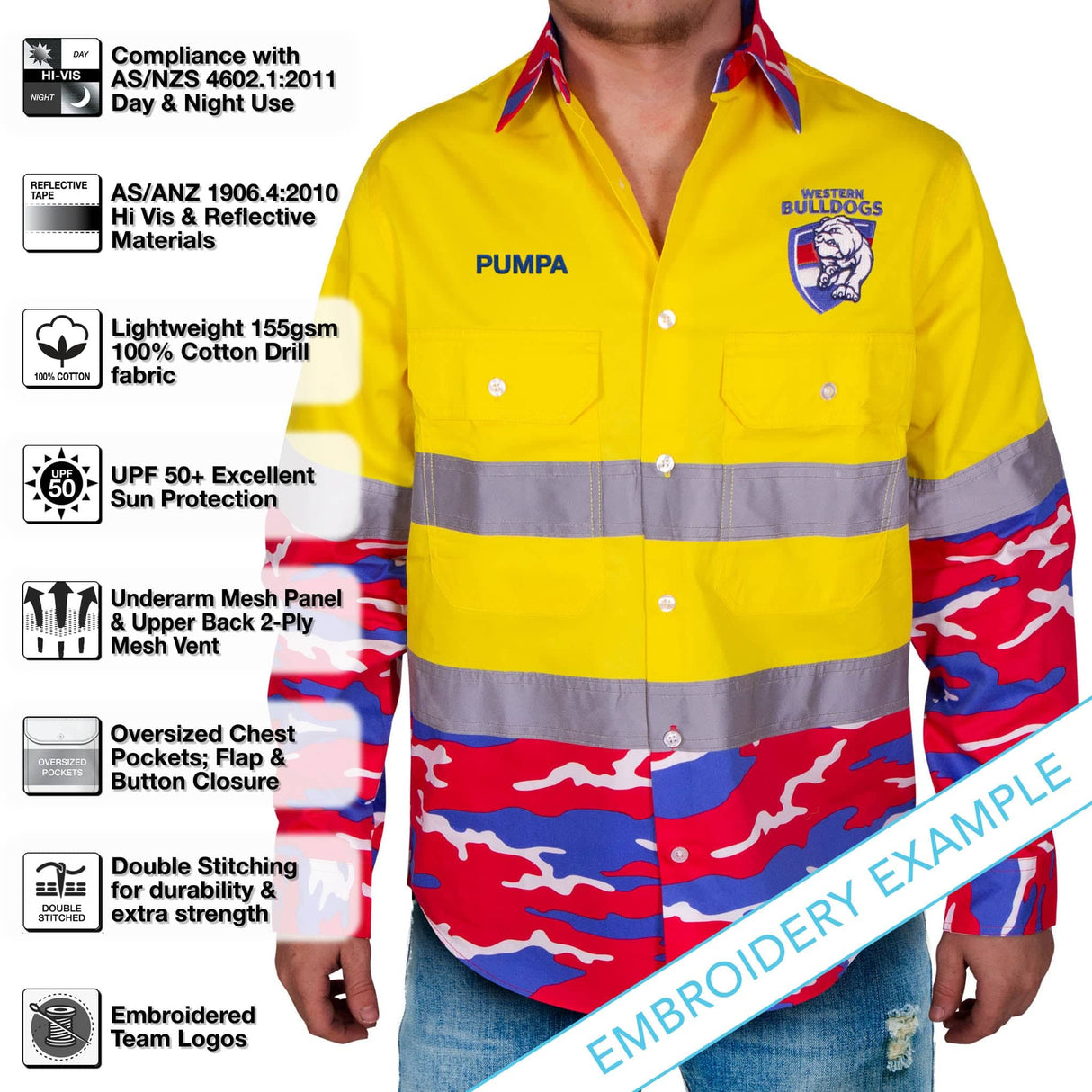 AFL Western Bulldogs 'Camo' Hi-Vis Work Shirt - Ashtabula