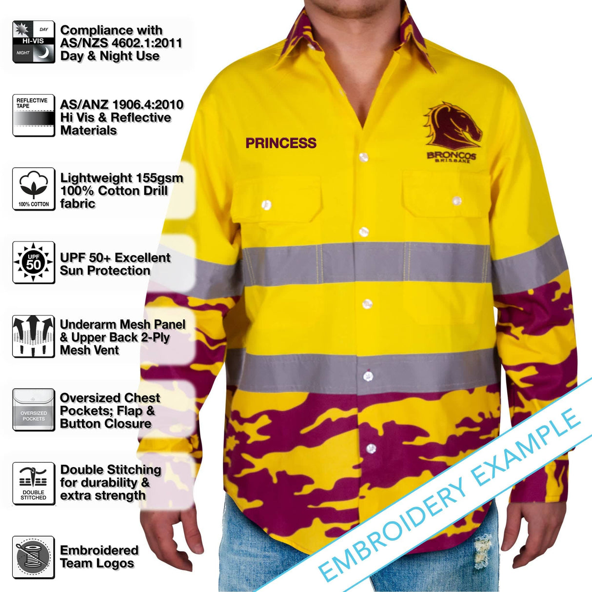 NRL Broncos 'Camo' Hi-Vis Work Shirt - Ashtabula
