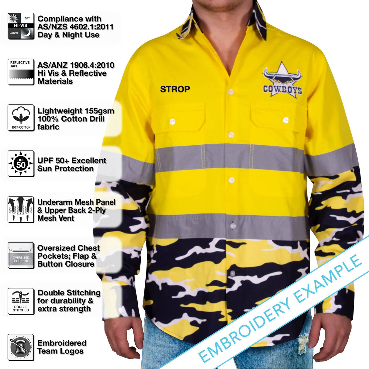 NRL Cowboys 'Camo' Hi-Vis Work Shirt - Ashtabula