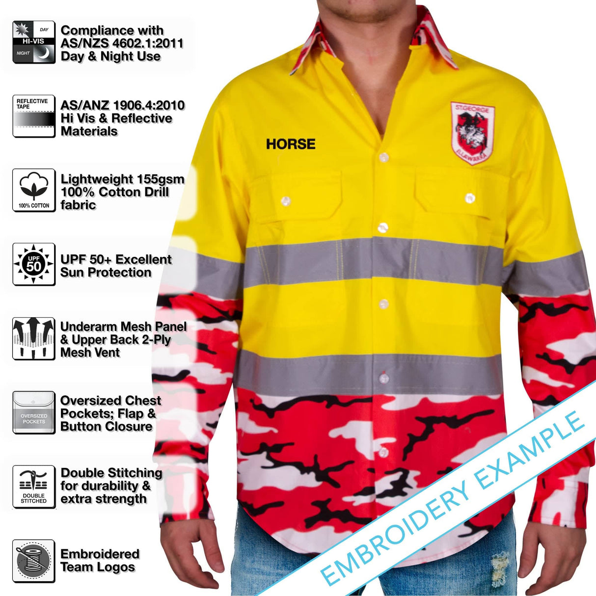 NRL Dragons 'Camo' Hi-Vis Work Shirt - Ashtabula