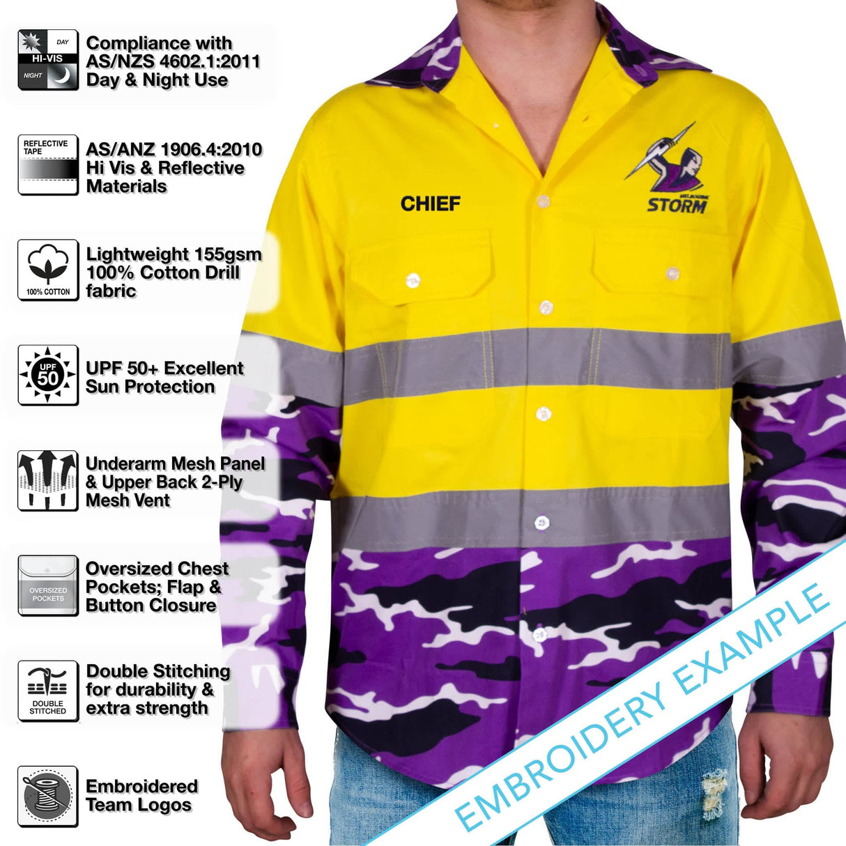 NRL Storm 'Camo' Hi-Vis Work Shirt - Ashtabula