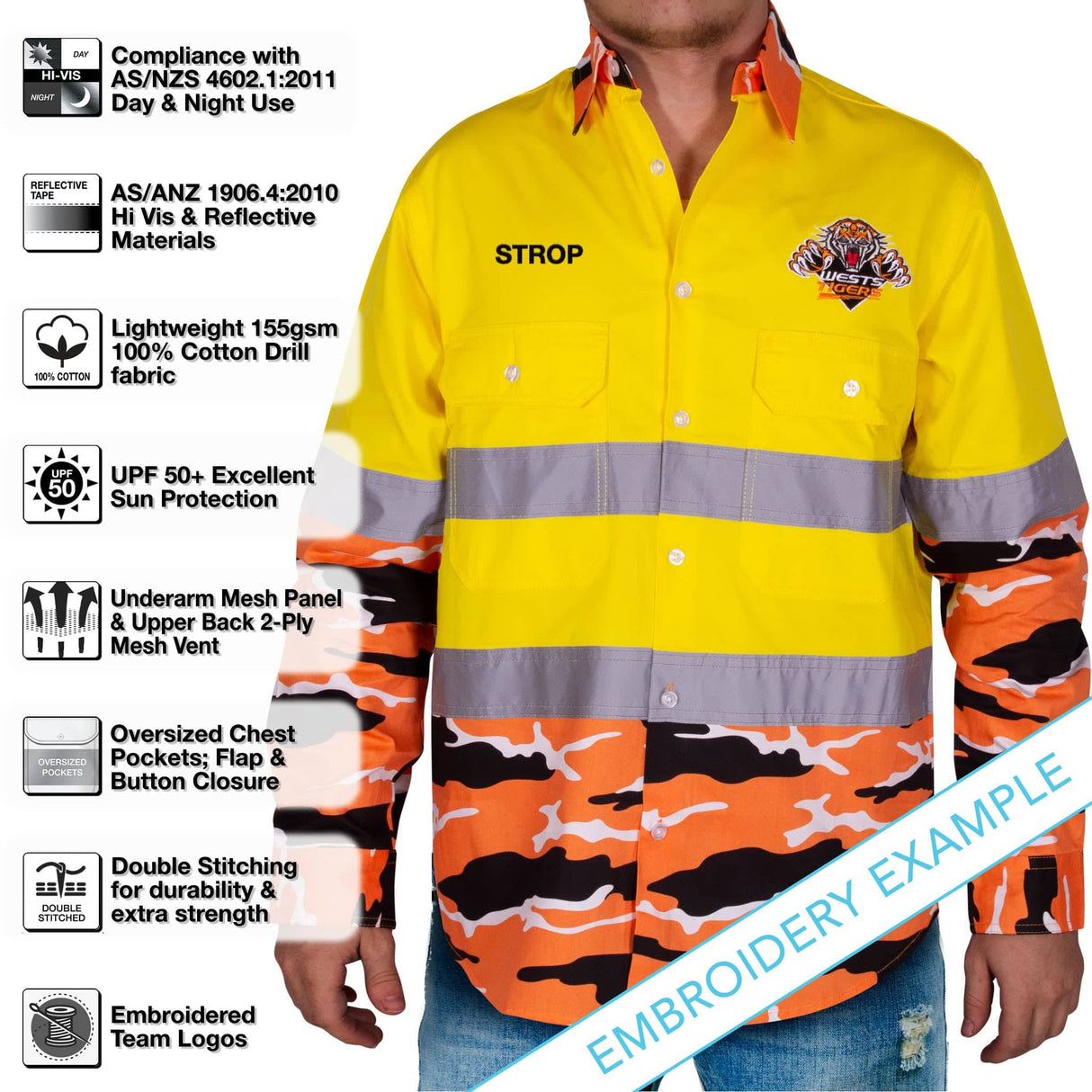 NRL Wests Tigers 'Camo' Hi-Vis Work Shirt - Ashtabula