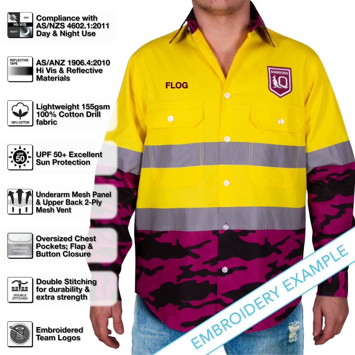QLD Maroons 'Camo' Hi-Vis Work Shirt - Ashtabula
