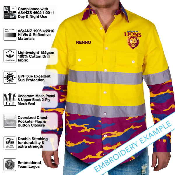 AFL Brisbane Lions 'Camo' Hi-Vis Work Shirt - Ashtabula