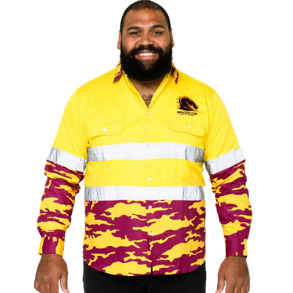 NRL Broncos 'Camo' Hi-Vis Work Shirt - Ashtabula