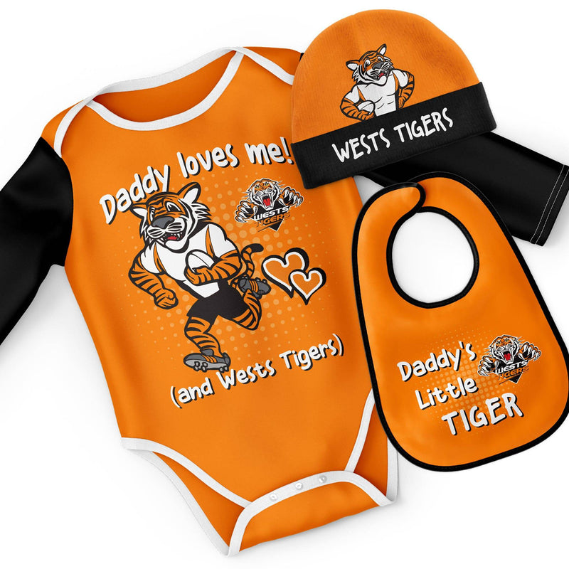 NRL Wests Tigers 3pc Bodysuit Gift Set - 'Daddy Loves Me' - Ashtabula